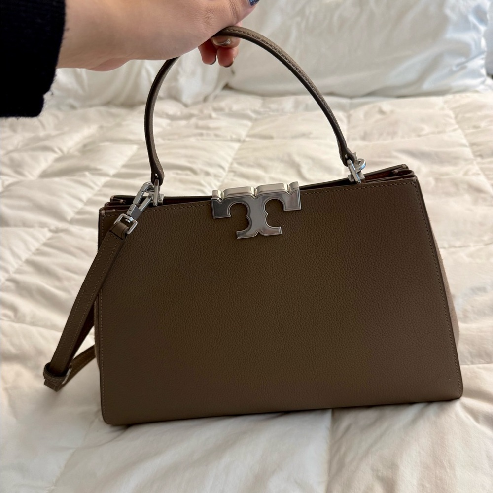 Tory Burch Eleanor Pebbled Satchel Wild Mushroom Leather Suede Bag - Picture 6 of 8